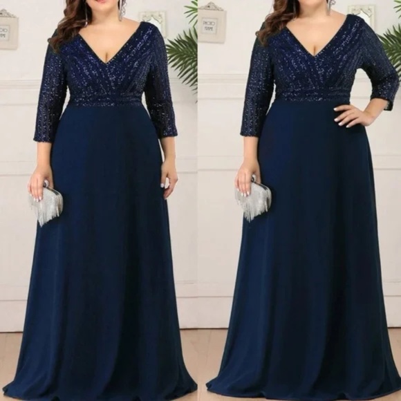 Plus sequin 3/4 sleeve Formal Prom Evening Party Wedding Dress - Picture 5 of 10